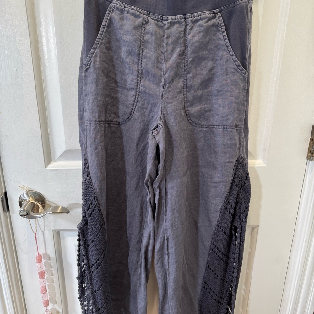 XCVI Gray Linen Blend Crochet-Panel Wide Leg Pants